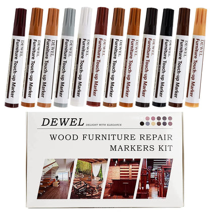 DEWEL Premium Furniture Touch Up Markers, 12 Colors Wood Scratch Repair Markers Kit, Perfect Wood Markers Pens for Scratches, Stains, Wood Floors, Tables, Bedposts