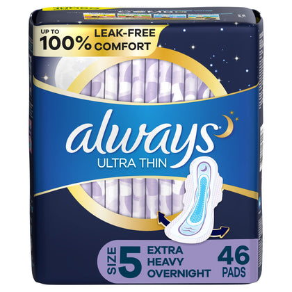 ALWAYS Ultra Thin Size 5 Extra Heavy Overnight Pads With Wings Unscented, 46 Count