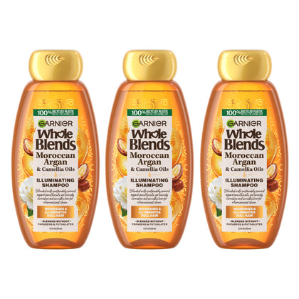 Garnier Whole Blends Moroccan Argan & Camellia Oils Illuminating Shampoo for Silky Shine, 12.5 Fl Oz, 3 Count (Packaging May Vary)