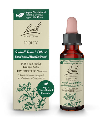 Bach Original Flower Remedies, Holly for Goodwill Towards Others (Non-Alcohol Formula), Natural Homeopathic Flower Essence, Holistic Wellness and Stress Relief, Vegan, 10mL Dropper