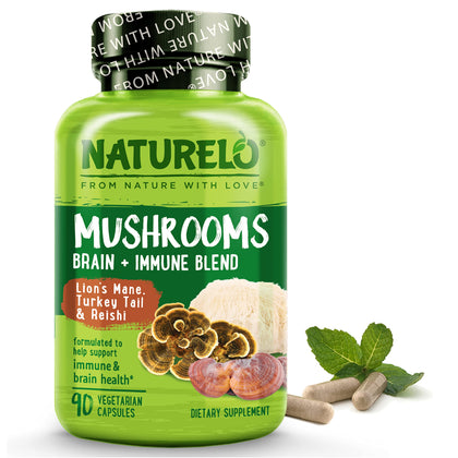 NATURELO Mushroom Supplement - Brain & Immune Health Blend with Lions Mane, Reishi, Turkey Tail - 90 Vegan Friendly Capsules