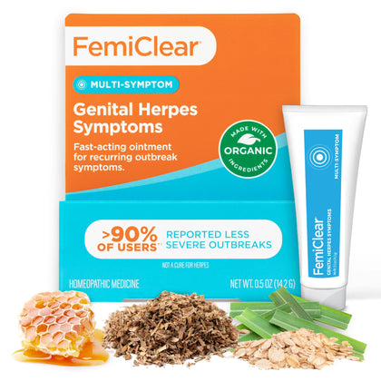 FemiClear for Genital Herpes Symptoms, Multi-Symptom - Effective Intimate Relief - Made with All-Natural and Organic Ingredients - 0.5 Ounce Tube