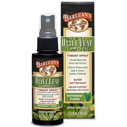 Barlean's Olive Leaf Complex Throat Spray with Peppermint, Lemon, & Sage for Itchy Throat Relief, Immune Support Supplement for Seasonal Wellness, Liquid Blended Extract, 1.5 oz