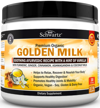 Organic Keto Golden Milk Powder with Ashwagandha & Turmeric - For Relaxation & Recovery - Promotes Healthy Joints & Mobility - Supports Healthy Digestion -Soothing Ayurvedic Blend with Vanilla