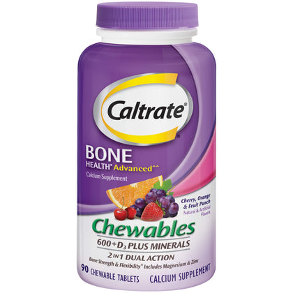 Caltrate Chewables 600 Plus D3 Plus Minerals Calcium Vitamin D Supplement, Cherry, Orange and Fruit Punch - 90 Count