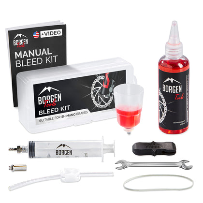 Borgen Bike Brake Bleed Kit for Shimano Hydraulic Disc Brakes I Brake Bleeder Kit Bike with 100ml (3.4oz) Hydraulic System Mineral Oil - Made in Germany. Step by Step Instructions and Video Manual