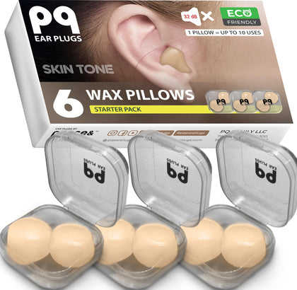 PQ Wax Ear Plugs for Sleep - 6 Silicone Wax Earplugs for Sleeping and Swimming - Gel Ear Plugs for Noise Cancelling, Ear Protection - Sleeping Earplugs with Sound Blocking 32 Db (6-Pillows). Beige