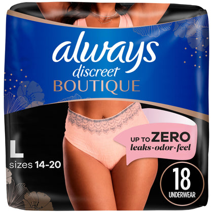 Always Discreet Boutique Adult Incontinence & Postpartum Underwear for Women, Maximum Protection, Peach, Large, 18 Count (Packaging May Vary)