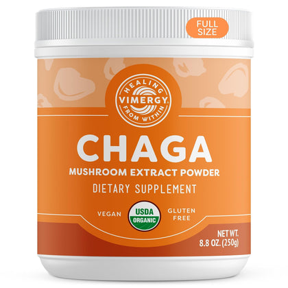 Vimergy USDA Organic Wild Chaga Mushroom Extract Powder, 166 Servings - Ideal in Chaga Tea, Coffee, Smoothies - Cardiovascular Support - Kosher, Vegan, No Gluten, Paleo - Pure Chaga, No Fillers (250g)