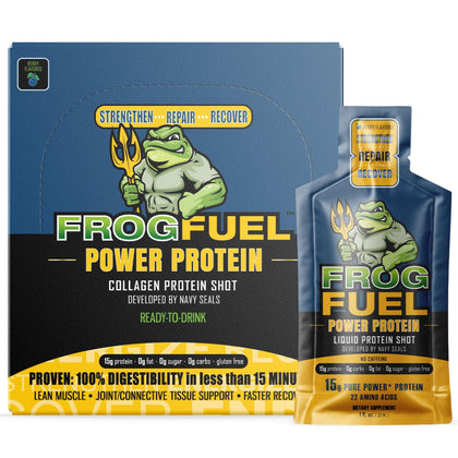 Frog Fuel Power Regular Clear Protein Shot, 15g Protein Nano-Hydrolyzed Grass Fed Collagen, Post Workout, Gluten Free, Fat & Sugar Free, 22 Amino Acids, 0 Carbs, Berry, 1 oz Packets, 24 Pack