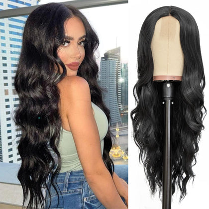 NAYOO Long Black Wavy Wig for Women 26 Inch Middle Part Curly Wavy Wig Natural Looking Synthetic Heat Resistant Fiber Wig for Daily Party Use (Natural Black)