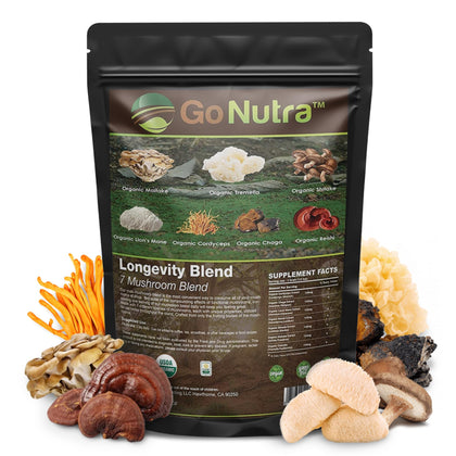 Go Nutra - Organic 7 Mushroom Supplement, Longevity Mushroom Powder with Lions Mane, Chaga, Shiitake, Maitake, Reishi, Tremella, and Cordyceps Mushroom, Non-GMO, Gluten-Free, Vegan, 4 oz