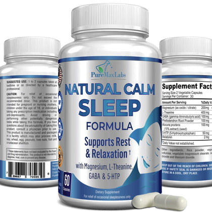 YUMMYVITE Natural Calm Sleep Aid with Magnesium, L-Theanine, Melatonin, GABA, 5-Htp | Sleep Aid | Non-GMO - 60 Capsules