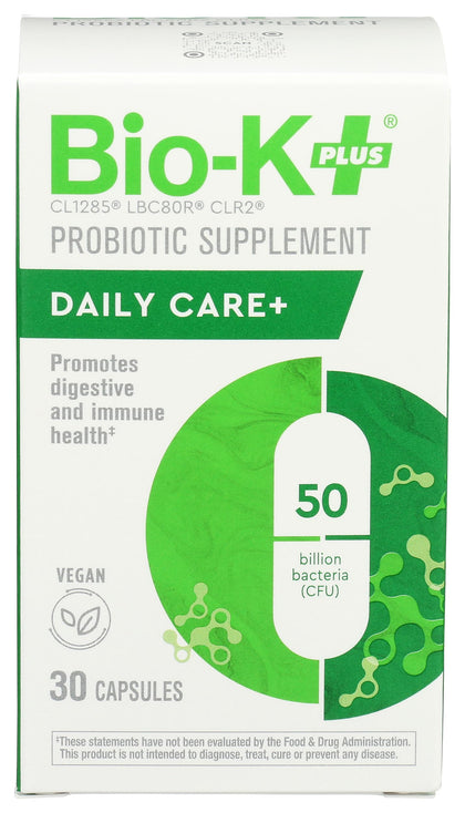 Bio-K + Daily Care Plus Probiotic Supplement Capsules for Adult Men and Women, 50 Billion Active Bacteria, Promotes Immune System Health - Vegan & Gluten-Free Delayed Release, 30 Capules/Box