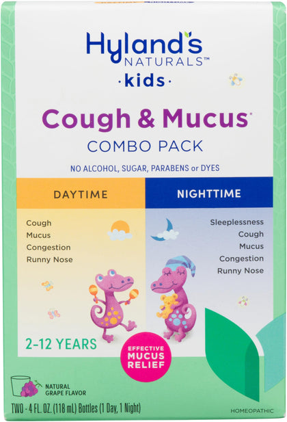 Hyland's Naturals Kids Cough & Mucus Daytime & Nighttime Combo Pack, Cough Medicine for Ages 2-12, Grape Flavor, Natural Relief of Sleeplessness, Cough, Runny Nose, Mucus & Congestion, 8 Ounces