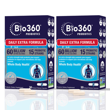 Bio360 Adult Daily Extra Strength Probiotic Supplement for Women and Men, 60 Billion CFU, 15 Diverse Strains, Organic Prebiotic Fibers, Occasional Constipation, Diarrhea Gas & Bloating, 30CT (2 Pack)