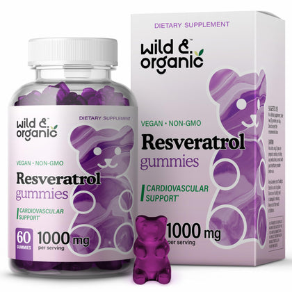 Wild & Organic Resveratrol Gummies - Resveratrol Supplement for Immune System, Antioxidant Support, Brain Wellness - Anti Aging Supplement Resveratrol 1000mg 60 Blueberry Flavored Chews