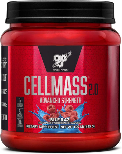 BSN CELLMASS 2.0 Post Workout Recovery with BCAA, Creatine, & Glutamine - Keto Friendly - Blue Raz, (25 Servings)