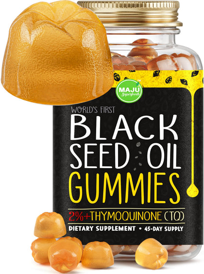 MAJU's Black Seed Oil Gummies, World's 1st, 2.5X Per BSO Gummy, Cumin Nigella Sativa Oil, Cold-Pressed, Potent Formula with Cinnamon Extract, Tasty, 500mg 90ct