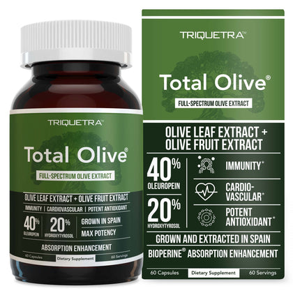 Total Olive® - Olive Leaf Extract (40% Oleuropein) Plus Olive Fruit Extract (20% Hydroxytyrosol) - Full Spectrum Extract Grown & Extracted in Spain - BioPerine Absorption Enhancement (60 Count)