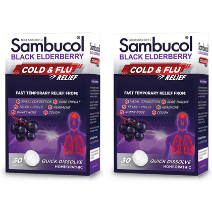 Sambucol Cold and Flu Relief Tablets - Homeopathic Cold Medicine, Nasal & Sinus Congestion Relief, Use for Runny Nose, Coughing, Cold Remedy for Adults - Black Elderberry, 30 Count, 2-Pack