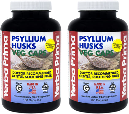 Yerba Prima Psyllium Husks Veg Caps - 180 Count (2 Pack) (625mg) - Vegan, Non-GMO, Gluten Free, Colon Cleanser, Daily Fiber Supplement for Gut Health & Regularity