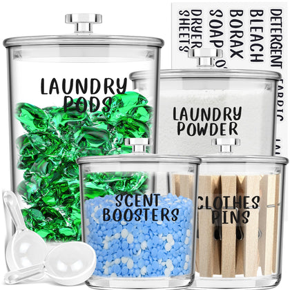 TIDIdea 4 Pack Laundry Room Organization Jars - Laundry Storage Containers with Labels & Scoops Hold Pods, Powder, Scent Booster, Beads, Soap, Detergent - Great Laundry Organizer - Clear Acrylic