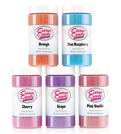 Cotton Candy Express Floss Sugar Variety Pack with 5 - 11oz Plastic Jars of Orange, Blue Raspberry, Pink Vanilla, Grape, & Cherry Flossing Sugars. Use with Cotton Candy Express Countertop Machine
