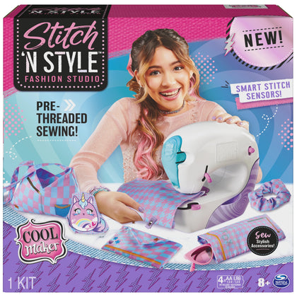 Cool Maker, Stitch N Style Fashion Studio, Pre-Threaded Sewing Machine Toy with Fabric and Water Transfer Prints, Arts & Crafts Kids Toys for Girls