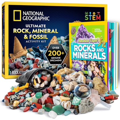 NATIONAL GEOGRAPHIC Rock Collection Box for Kids - 200 Piece Rock Set with Real Fossils, Gemstones, and Crystals- Includes Absolute Expert: Rocks & Minerals Full-Color Book (Amazon Exclusive)