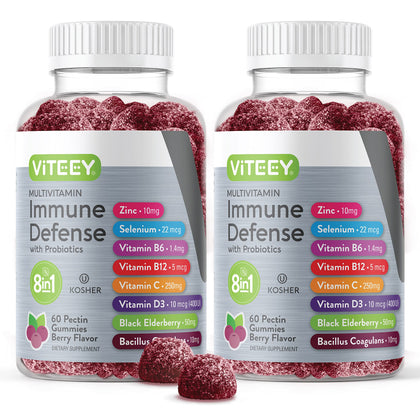 Multivitamin Gummies 8 in 1 Immune Support Supplement with Probiotics - Immune Boosters for Adults & Teens - Vegetarian, Gelatin Free, GMO Free - Chewable Berry Flavored Pectin Immune Defense Gummy