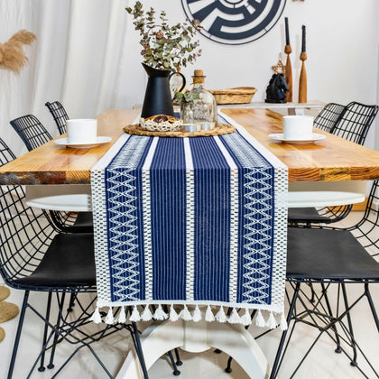 Navy Blue Table Runner Boho Style 14 x 60 Inch | Farmhouse Braided Stripe Table Runners for Your Rustic Decor , Thanksgiving, Spring Holidays Table Runner - Handcrafted Woven Cotton Runner for Table