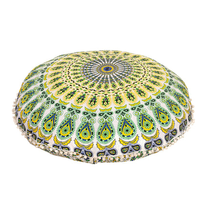 Shubhlaxmifashion Mandala Floor Pillow Cushion Seating Throw Cover Hippie Decorative Bohemian Ottoman Poufs, Pom Pom Pillow Cases,Boho Indian (Yellow)