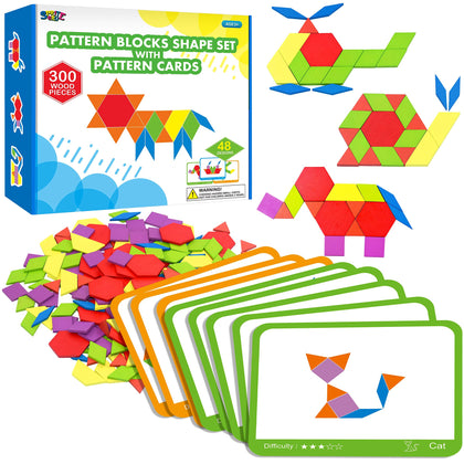 300 PCS Wooden Pattern Blocks Set for Kids with 24 Double-Sided Design Cards(48 Patterns) and Storage Bag in Gift Box,Fun Montessori Learning Toys