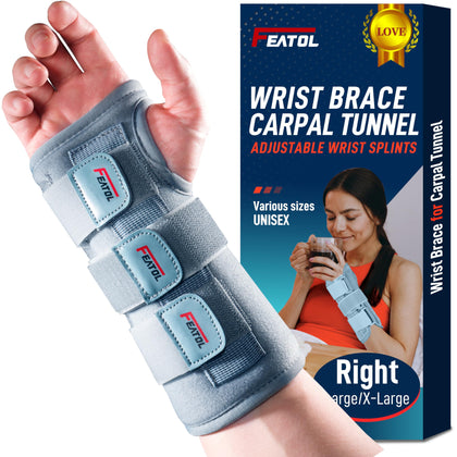 FEATOL Wrist Brace Carpal Tunnel for Women Men, Adjustable Night Sleep Support Brace with Splints Right Hand, Medium/Large