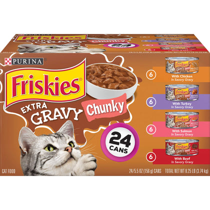 Purina Friskies Gravy Wet Cat Food Variety Pack, Extra Gravy Chunky - (Pack of 24) 5.5 oz. Cans