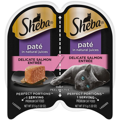 SHEBA Perfect Portions Paté Wet Cat Food Trays (24 Count, 48 Servings), Delicate Salmon Entrée, Easy Peel Twin-Pack Trays