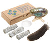 Sage Smudge Kit - White Sage Smudge Sticks - 4in ~ Abalone Shell 5-6in ~ 2in Tripod Stand ~ 9-12in Feather and White Sand