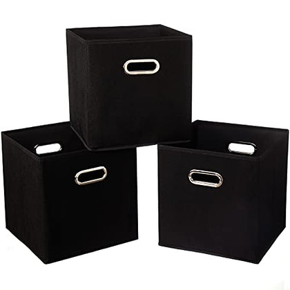 SEVENDOME Fabric Cloth Storage Bins,Cube Organizer with Dual Handles Foldable Baskets for Home Bedroom,Set of 3, Black