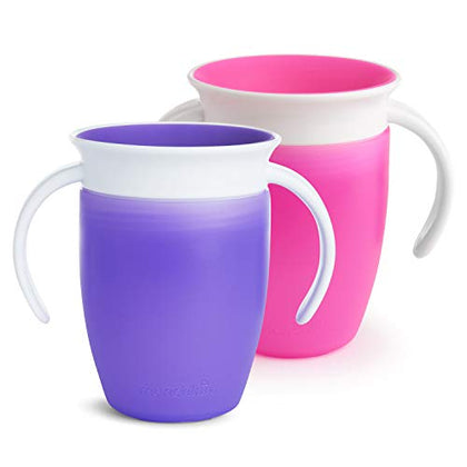 Munchkin® Miracle® 360 Trainer Sippy Cup with Handles, Spill Proof, 7 Ounce, 2 Pack, Pink/Purple