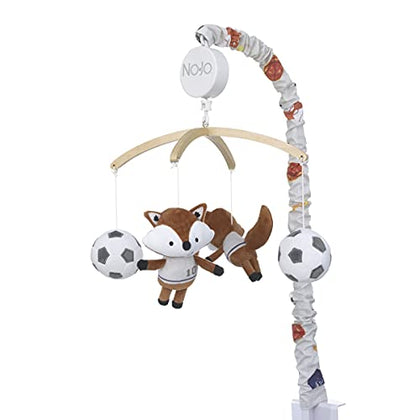 NoJo Team All Star Brown, White, Black & Grey, Fox with Soccer Balls Plush Musical Mobile, Brown, White, Black, Grey