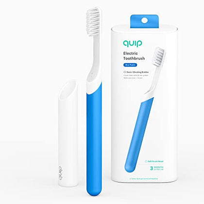 Quip Adult Electric Toothbrush - Sonic Toothbrush with Travel Cover & Mirror Mount, Soft Bristles, Timer, and Plastic Handle - Blue