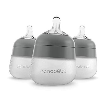 Nanobébé Flexy Silicone Baby Bottle, Anti-Colic, Natural Feel, Non-Collapsing Nipple, Non-Tip Stable Base, Easy to Clean 3-Pack, Gray, 5 oz