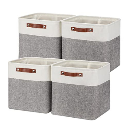 Temary 12 Inch Storage Baskets Foldable Fabric Storage Cubes 4PCs Storage Bins Organizer with Handles, Baskets for Organizing Clothes, Toys, Towels (White & Grey, 12 x 12 x 12)