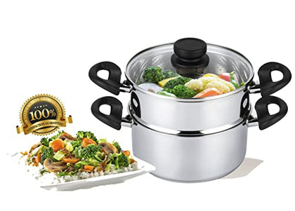 Nevlers 3 Piece Premium Heavy Duty Stainless Steel Steamer Pot Set Includes 3 Quart Cooking Pot, 2 Quart Steamer Insert and Vented Glass Lid | Stack and Steam Pot Set for All Cooking Surfaces