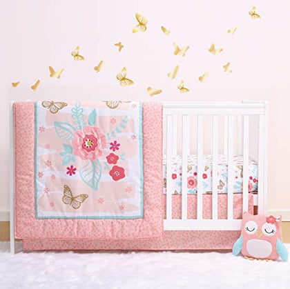 The Peanutshell Aflutter Crib Bedding Set for Baby Girls - 3 Piece Floral Nursery Set - Baby Blanket, Crib Sheet, Crib Skirt