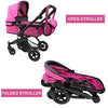 Fash n Kolor Baby Doll Stroller My First Foldable Doll Stroller in Denim Hot Pink Design, Bassinet Stroller with Baby Doll Adjustable Handle, Convertible Seat, Basket, and Free Carriage Bag