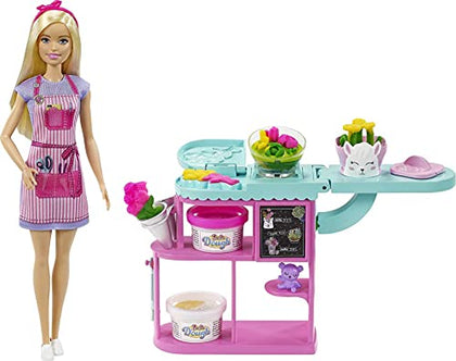 Barbie Florist Doll & Playset, Flower-Making Station with Molds, 3 Dough Colors & Accessories, Blonde Fashion Doll