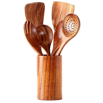 Kitchen Utensils Set, NAYAHOSE Wooden spoons for Cooking Non-stick Pan Kitchen Tool Wooden Cooking Spoons and Wooden utensil storage wooden barrel