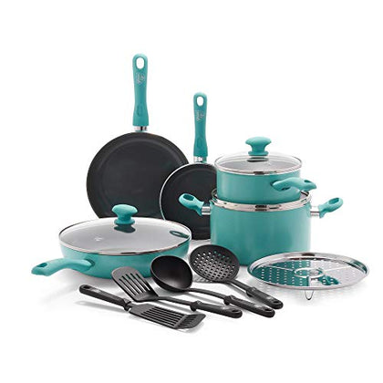 GreenLife Soft Grip Diamond Healthy Ceramic Nonstick 13 Piece Cookware Pots and Pans Set, PFAS-Free, Dishwasher Safe, Turquoise, Diamond Cookware